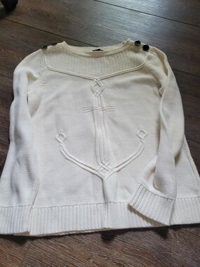 Talbots Cream Anchor Cable-Accent Boatneck Sweater with Shoulder Buttons
